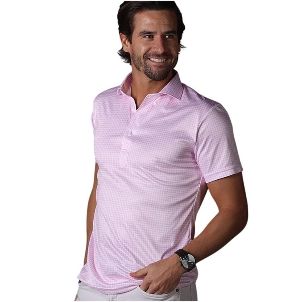 COLLARS & CO Mens Semi Spread Button Collar Polo Pink Gingham Plaid NWT Large
